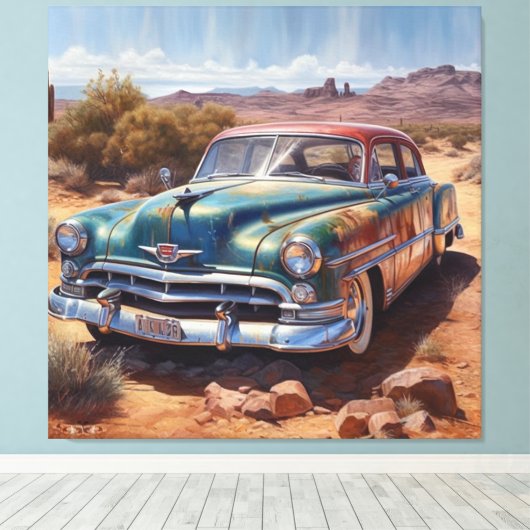 Oude blauwe verlaten auto in de woestijn ook canvas afdruk (Insitu (Houten vloer))
