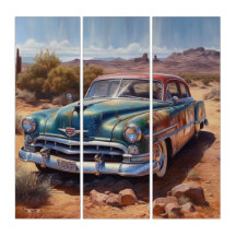 Oude blauwe verlaten auto in de woestijn ook