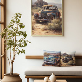 Oude blauwe verlaten auto in de woestijn ook kussen