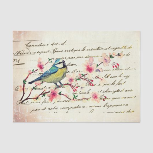 Oude Blauwe Vogel Kersenbloesem Boom Decoupage Tissuepapier (Voorkant)