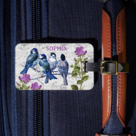 Oude blauwe vogels, paarse bloemen, bladmuziek bagagelabel