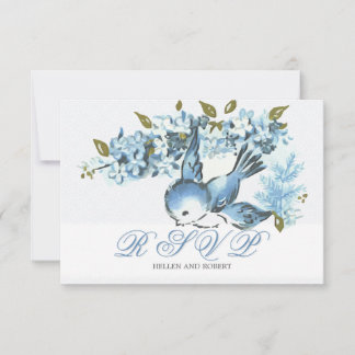 Oude Blauwe Vogels Winter Huwelijk RSVP Kaartje