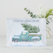 Oude Blauwe Vrachtwagen met Kerstboom Feestdagenkaart (Staand voorkant)