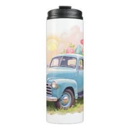 Oude blauwe vrachtwagen met paaseieren en tulpen thermosbeker