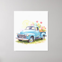Oude blauwe vrachtwagen met Paaseieren & Tulpen Canvas Afdruk
