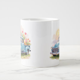 Oude blauwe vrachtwagen met paaseieren & tulpen grote koffiekop