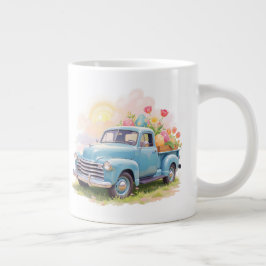 Oude blauwe vrachtwagen met paaseieren & tulpen grote koffiekop