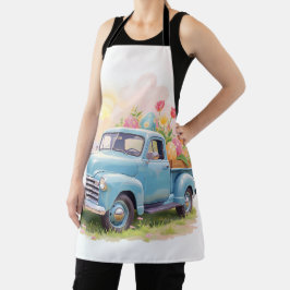 Oude blauwe vrachtwagen met Paaseieren & Tulpen Schort