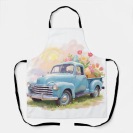 Oude blauwe vrachtwagen met Paaseieren & Tulpen Schort