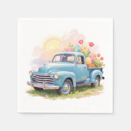 Oude blauwe vrachtwagen met paaseieren & tulpen servet