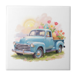 Oude blauwe vrachtwagen met paaseieren & tulpen tegeltje