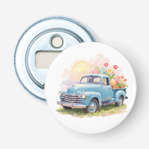 Oude blauwe vrachtwagen met Pasen eieren & tulpen Button Flesopener