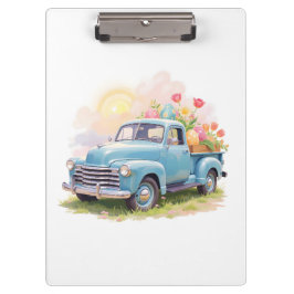 Oude blauwe vrachtwagen met Pasen eieren & tulpen Klembord