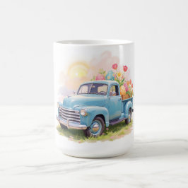 Oude blauwe vrachtwagen met Pasen eieren & tulpen Koffiemok