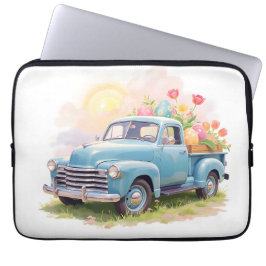 Oude blauwe vrachtwagen met Pasen eieren & tulpen Laptop Sleeve