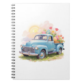 Oude blauwe vrachtwagen met Pasen eieren & tulpen Notitieboek