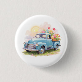 Oude blauwe vrachtwagen met Pasen eieren & tulpen Ronde Button 3,2 Cm