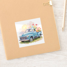 Oude blauwe vrachtwagen met Pasen eieren & tulpen Sticker