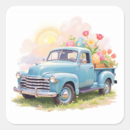 Oude blauwe vrachtwagen met Pasen eieren & tulpen Vierkante Sticker