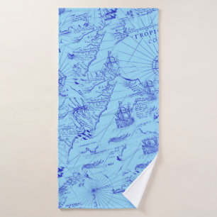 Oude blauwe zeekaart schepen en kompas badhanddoek