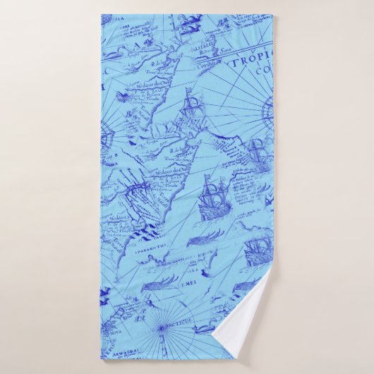 Oude blauwe zeekaart schepen en kompas badhanddoek (Badhanddoek)