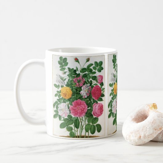 Oude bloeiende bloemen, lentetuinrozen koffiemok (Met donut)