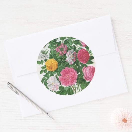 Oude bloeiende bloemen, lentetuinrozen ronde sticker (Envelop)