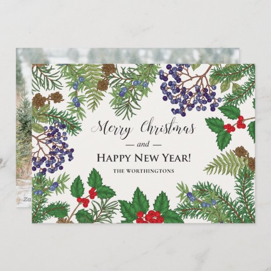 Oude bloem- en bessenguirlande feestdagenkaart (Voorkant / Achterkant)