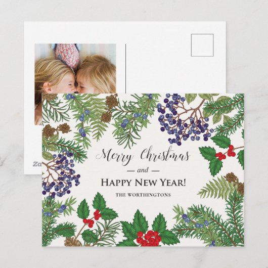 Oude bloem- en bessenguirlande feestdagenkaart (Voorkant / Achterkant)