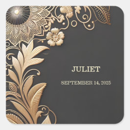 Oude Bloem Goud Folie Geprägde Bruidsdouche Vierkante Sticker