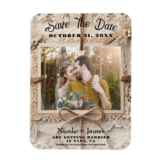 Oude Bloem Kant Jute Rustieke Save the Date Magneet (Verticaal)