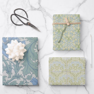 Oude Bloem Morris Blauwe Bloemen Groene Bladeren Inpakpapier Vel