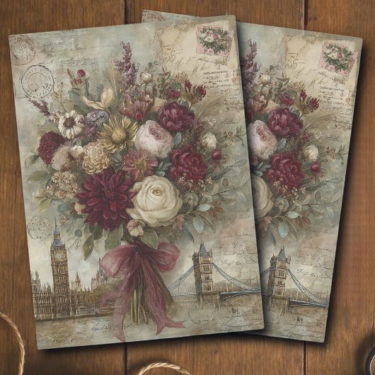 Oude bloemboeket en Londen decoupage  Tissuepapier