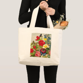 Oude bloemboeket met vlinders grote tote bag