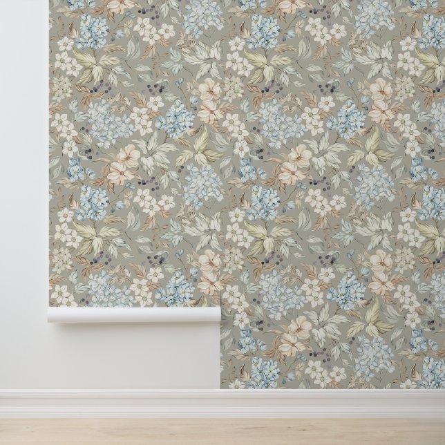 Oude Bloemen Bladeren Bessen Takken Nevel Grijs Behang (Applicatie)