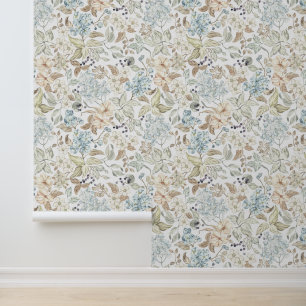 Oude Bloemen Bladeren Bessen Takken Wit Behang