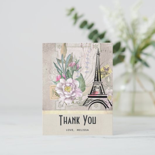 Oude bloemen, Eiffeltoren en jute zakelijk bedankj Briefkaart (Staand voorkant)
