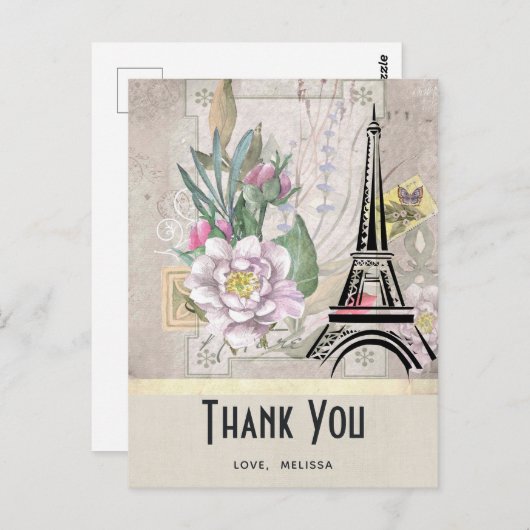 Oude bloemen, Eiffeltoren en jute zakelijk bedankj Briefkaart (Voorkant / Achterkant)