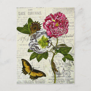 Oude bloemen en vlinder op vintage advertenties briefkaart