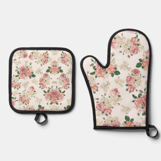 Oude bloemen op wit ovenwant & pannenlap set (Voorkant)