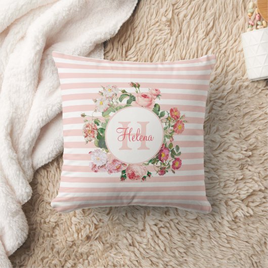 Oude Bloemen Roze Strepen Monogram Kussen (Deken)