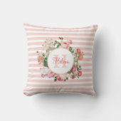 Oude Bloemen Roze Strepen Monogram Kussen (Voorkant)