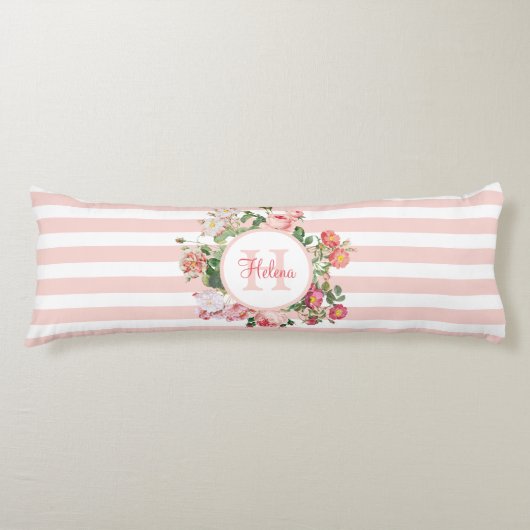 Oude Bloemen Roze Strepen Monogram Lichaamskussen (Voorkant)