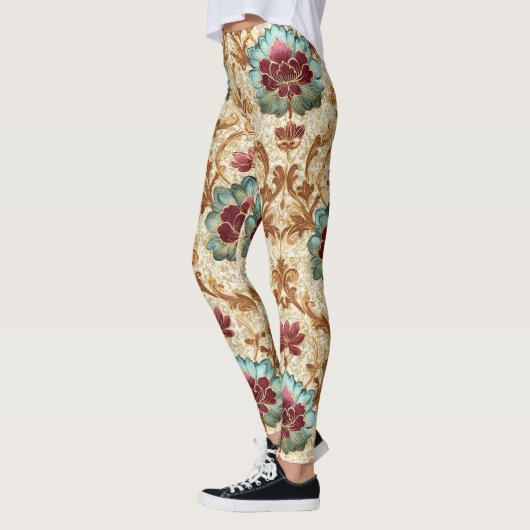 Oude bloemendamask in turquoise en bordeauxrood leggings (Links)