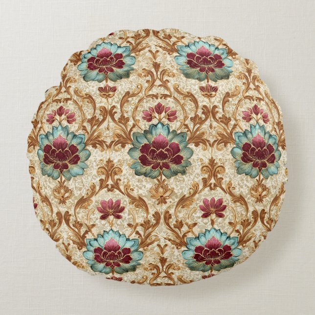 Oude bloemendamask in turquoise en bordeauxrood rond kussen (Voorkant)