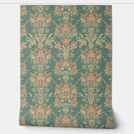 Oude bloemendamask in zachte pastel saliegroen behang