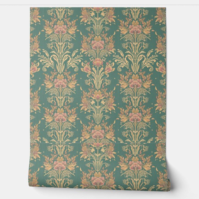 Oude bloemendamask in zachte pastel saliegroen behang (Afrollen)