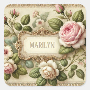 Oude Bloemenlabel Rozen Elegante Gouden Rand Vierkante Sticker
