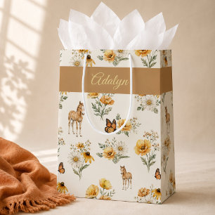 Oude bloemenpatroon met paard en vlinder medium cadeauzakje