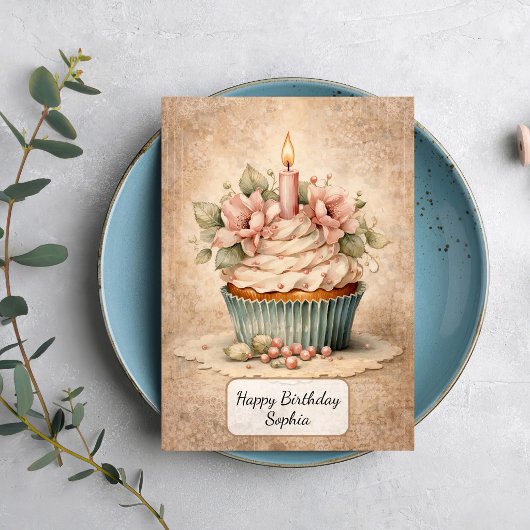 Oude Bloemige Cupcake Kaart